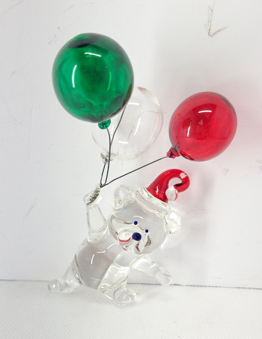 Glass Teddy Bear Figurine 4 in Clear Red Green Balloons Christmas Hat Small